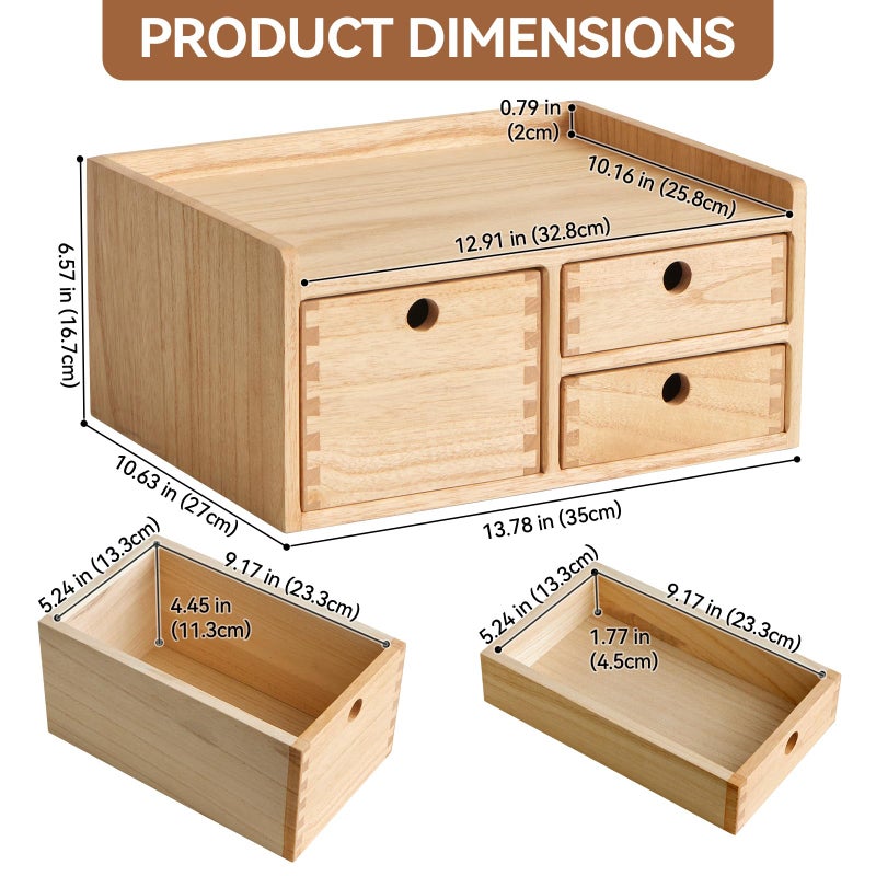 KIRIGEN Desk Organizer with 3 Drawers - Wood Drawer Storage Box with Trays for Tabletop - Workspace Office Toiletries Supplies Tool Caddy - Wooden Storage Cabinet Natural(DT1D3C-NA) - Image 5